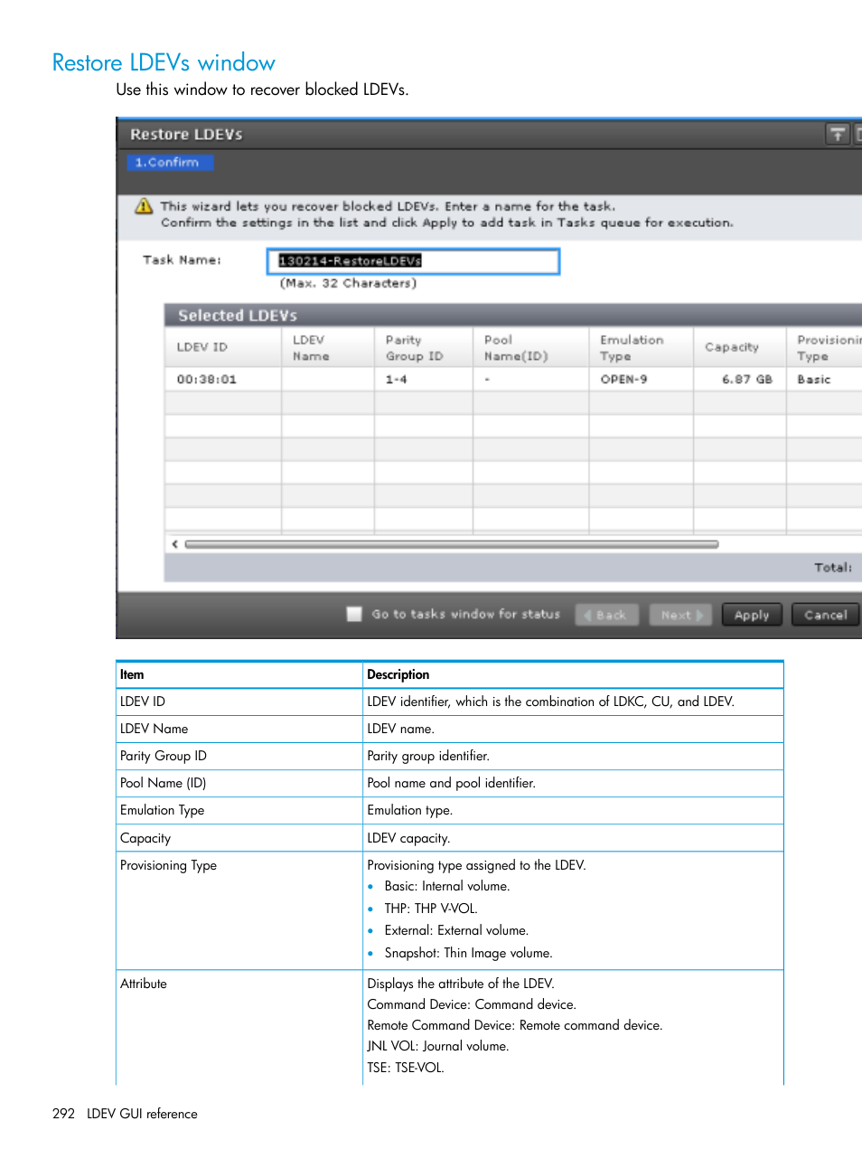 Restore ldevs window | HP XP Racks User Manual | Page 292 / 486