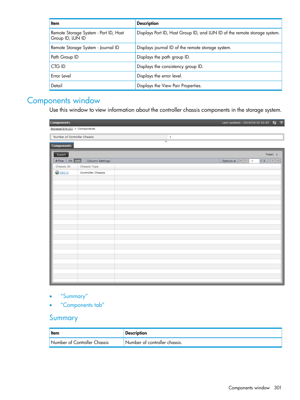 Components window, Summary | HP XP Racks User Manual | Page 301 / 486