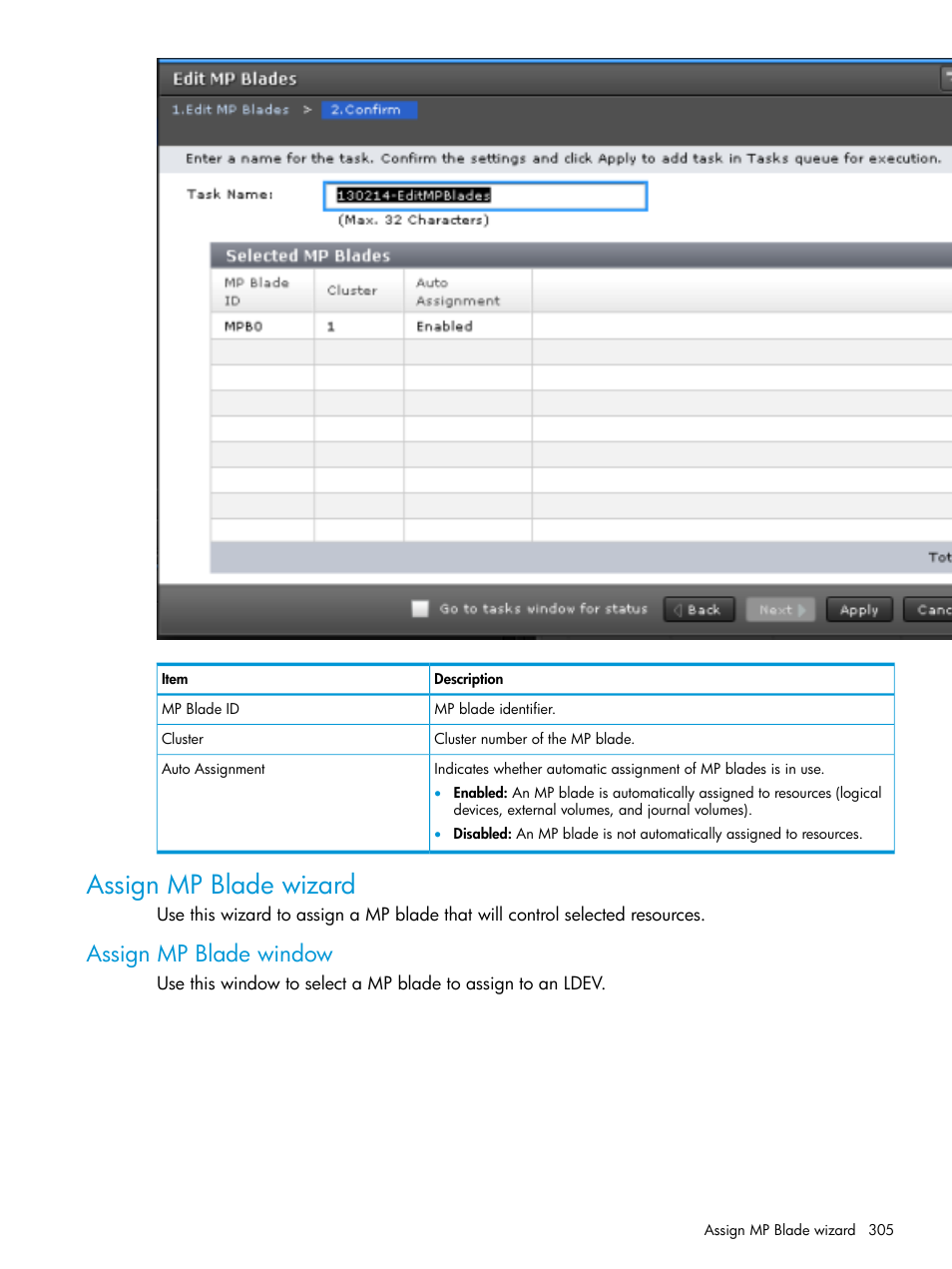 Assign mp blade wizard, Assign mp blade window | HP XP Racks User Manual | Page 305 / 486