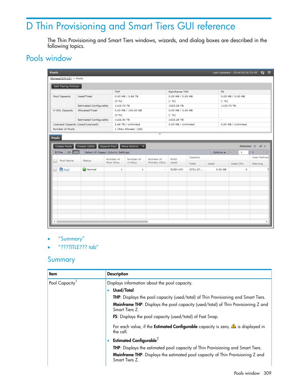 D thin provisioning and smart tiers gui reference, Pools window, Summary | HP XP Racks User Manual | Page 309 / 486