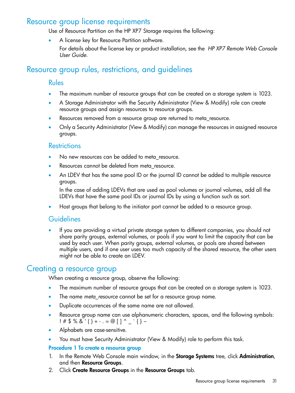 Resource group license requirements, Resource group rules, restrictions, and guidelines, Creating a resource group | Rules, Restrictions, Guidelines | HP XP Racks User Manual | Page 31 / 486