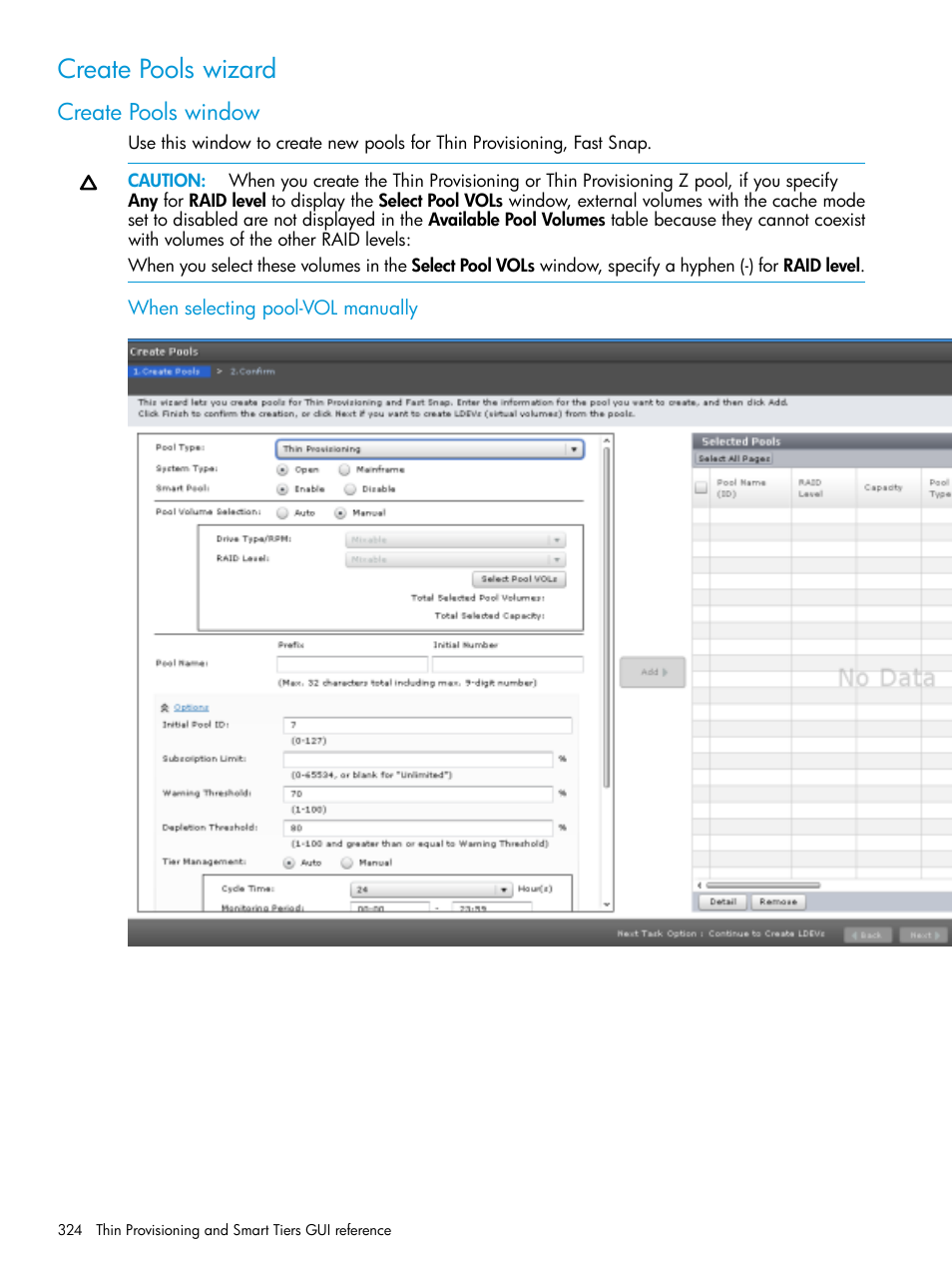 Create pools wizard, Create pools window | HP XP Racks User Manual | Page 324 / 486