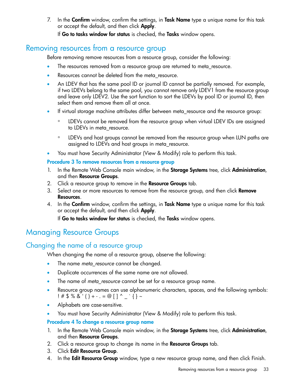 Removing resources from a resource group, Managing resource groups, Changing the name of a resource group | HP XP Racks User Manual | Page 33 / 486