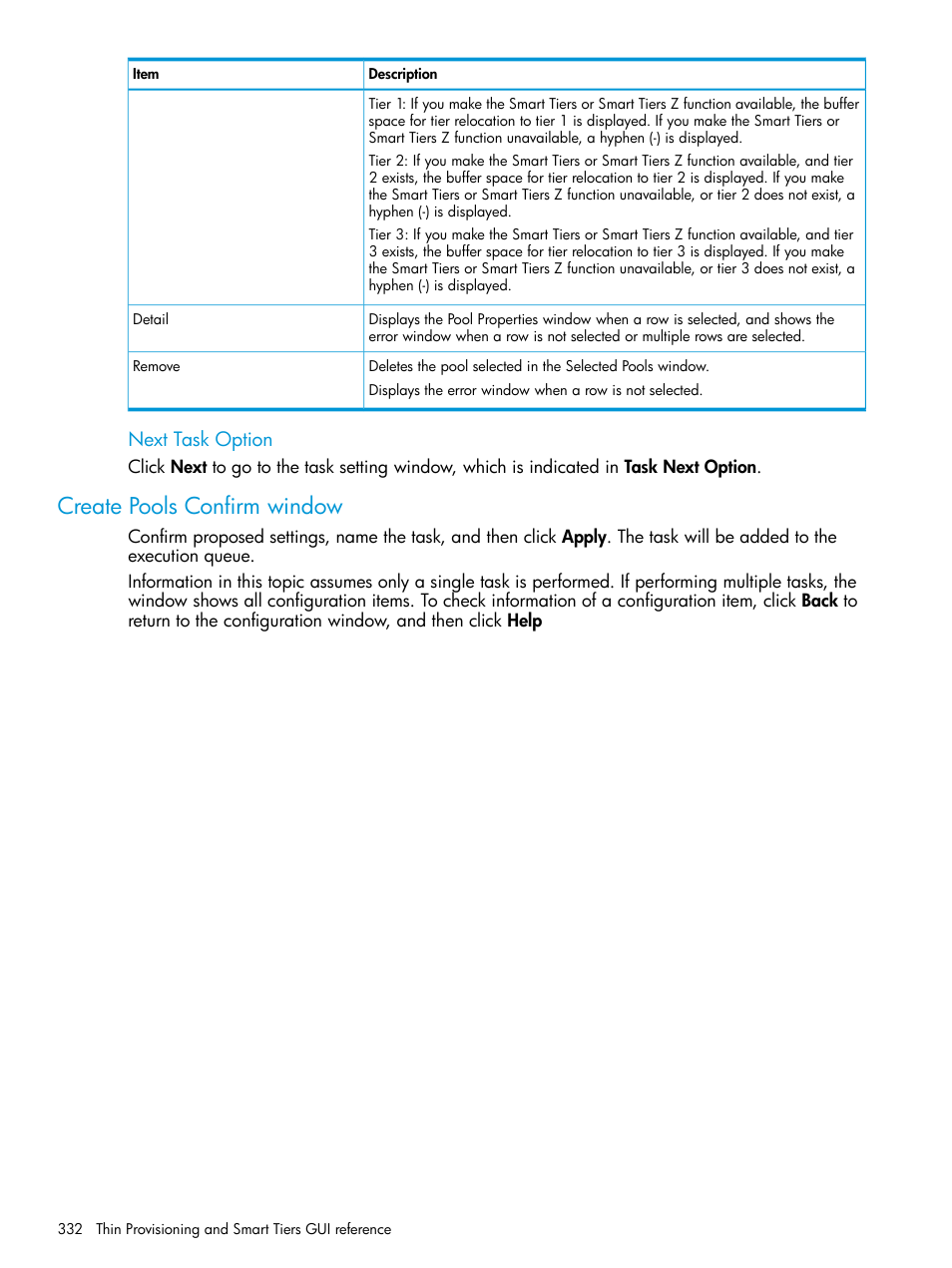 Create pools confirm window, Next task option | HP XP Racks User Manual | Page 332 / 486