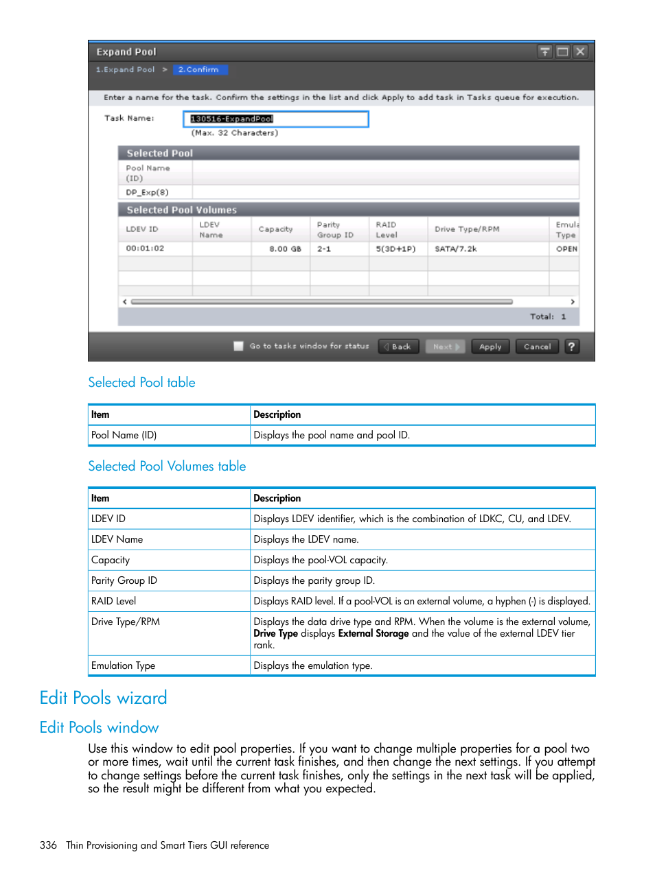 Edit pools wizard, Edit pools window, Selected pool table | Selected pool volumes table | HP XP Racks User Manual | Page 336 / 486