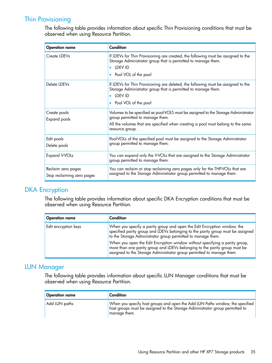 Thin provisioning, Dka encryption, Lun manager | Thin provisioning dka encryption lun manager | HP XP Racks User Manual | Page 35 / 486