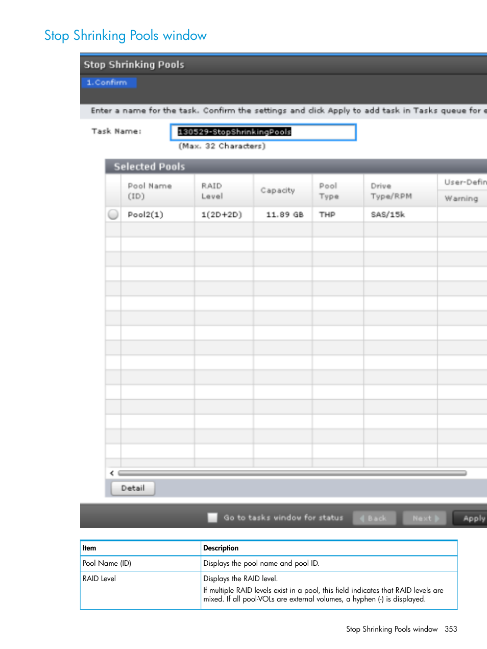 Stop shrinking pools window | HP XP Racks User Manual | Page 353 / 486