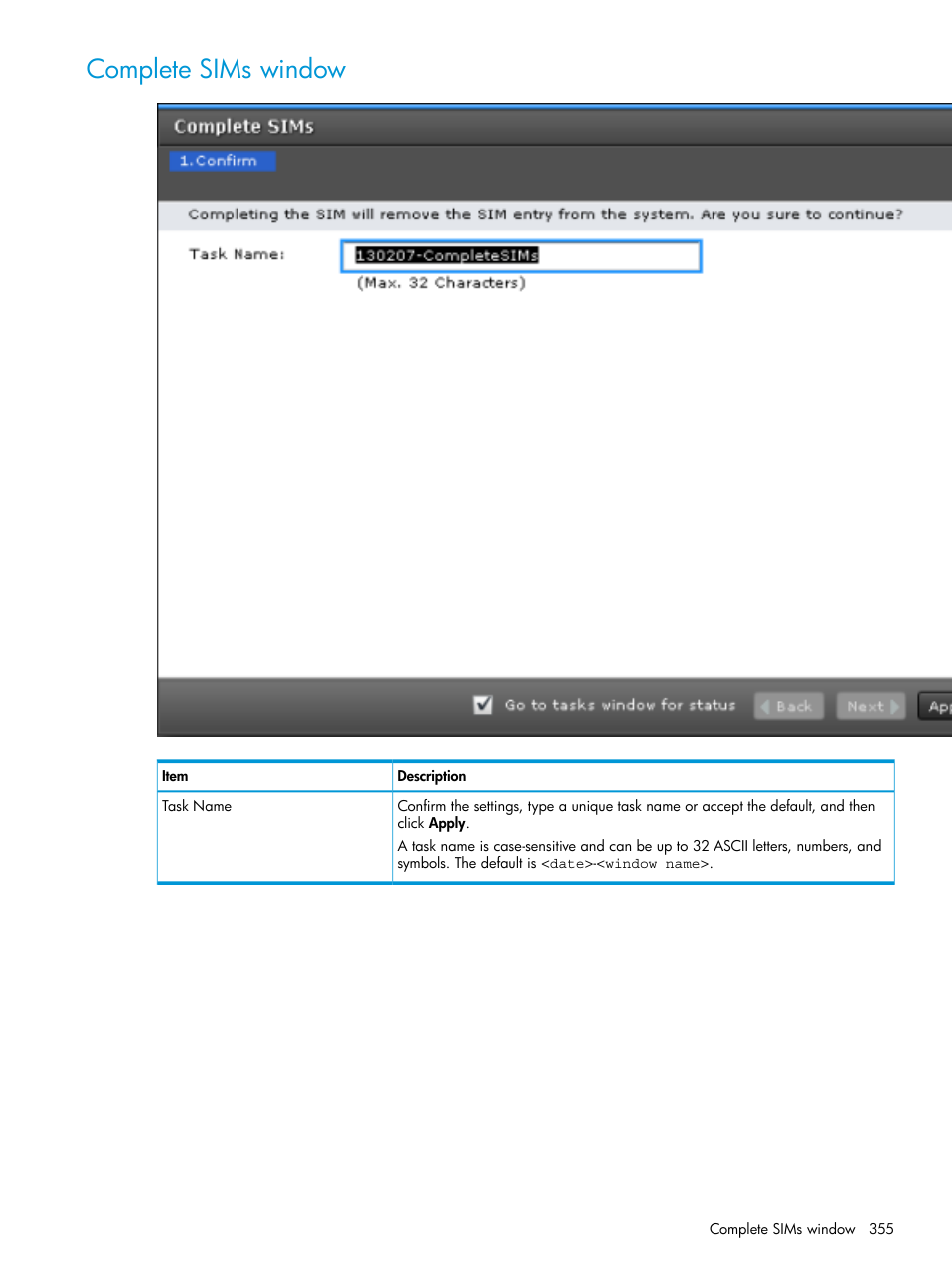 Complete sims window | HP XP Racks User Manual | Page 355 / 486