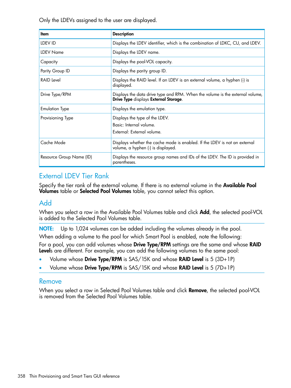 External ldev tier rank, Remove | HP XP Racks User Manual | Page 358 / 486