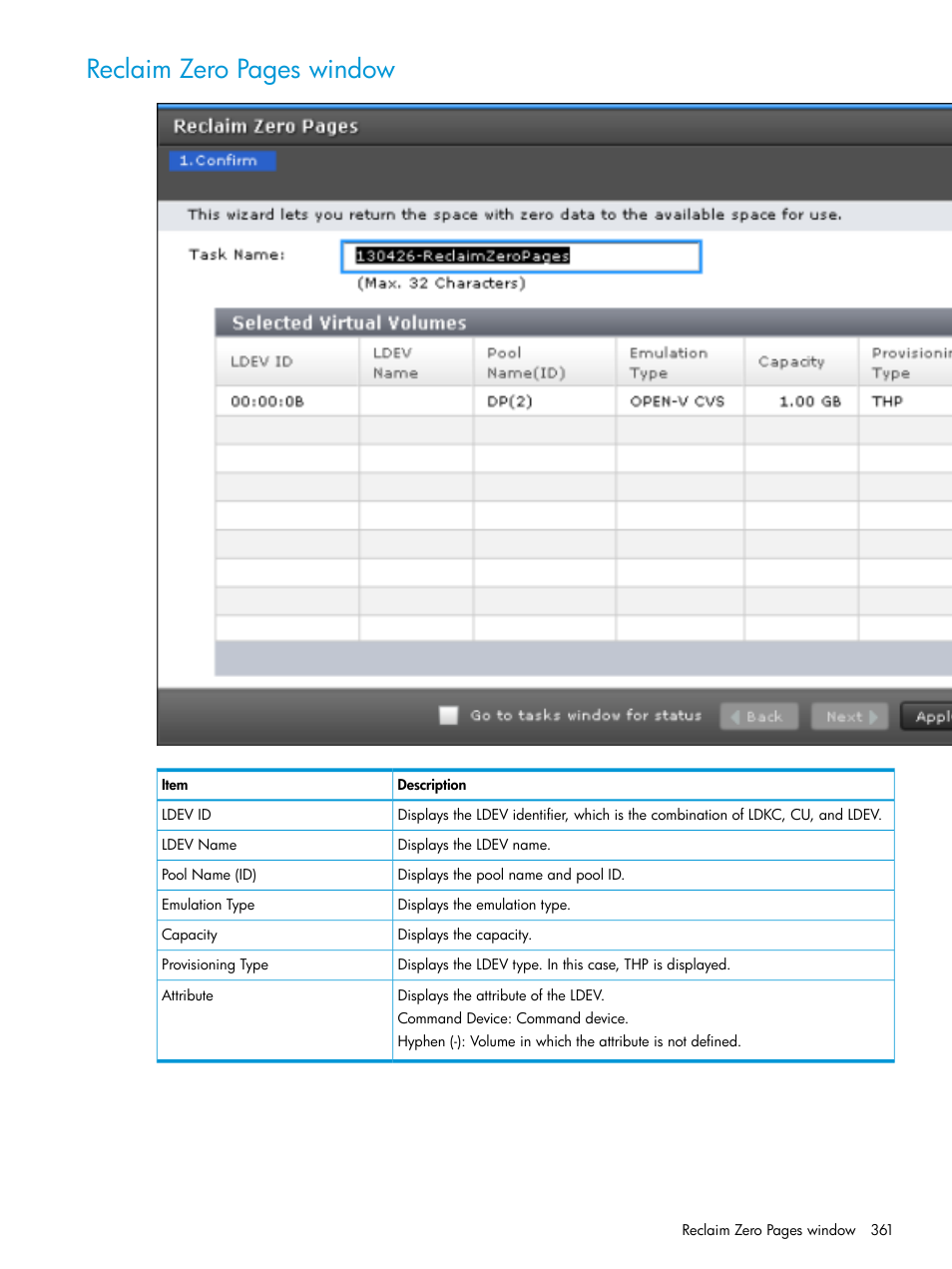 Reclaim zero pages window | HP XP Racks User Manual | Page 361 / 486