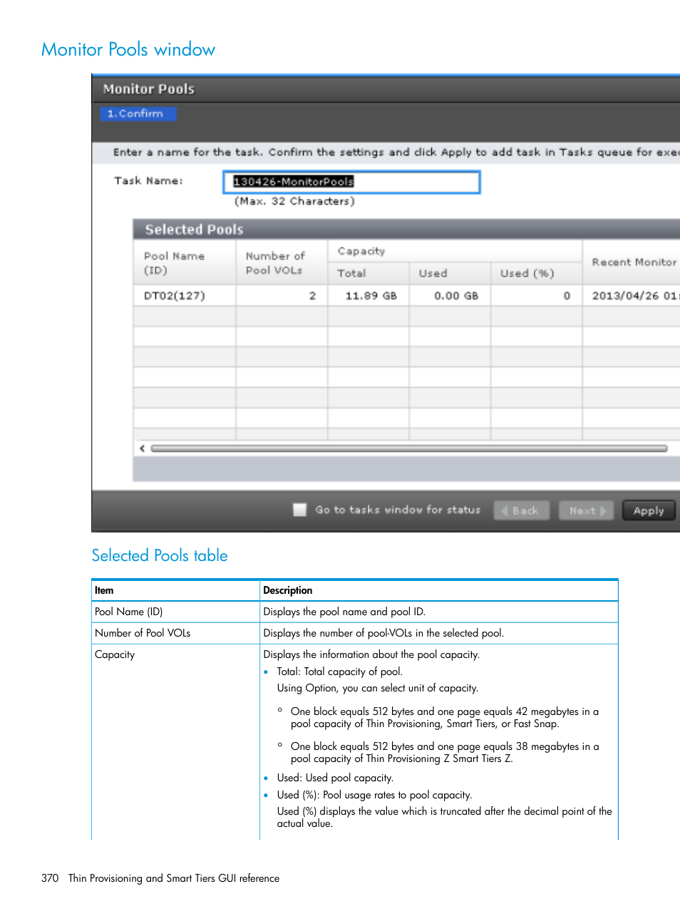 Monitor pools window, Selected pools table | HP XP Racks User Manual | Page 370 / 486