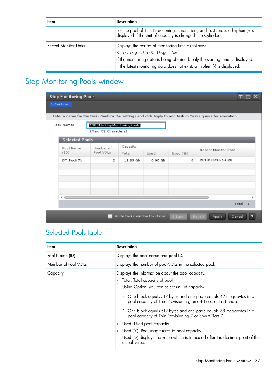 Stop monitoring pools window, Selected pools table | HP XP Racks User Manual | Page 371 / 486