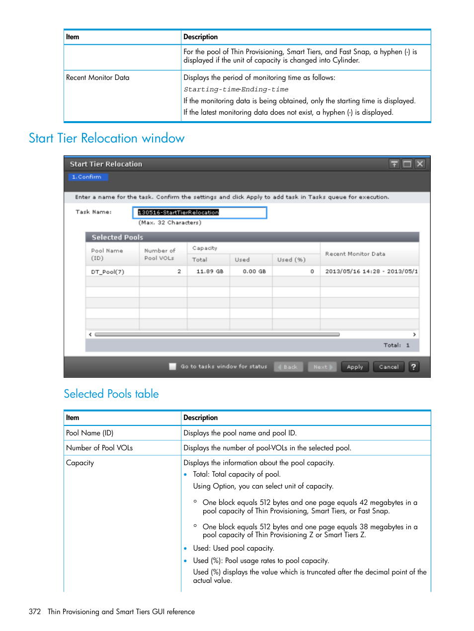 Start tier relocation window, Start tier, Selected pools table | HP XP Racks User Manual | Page 372 / 486