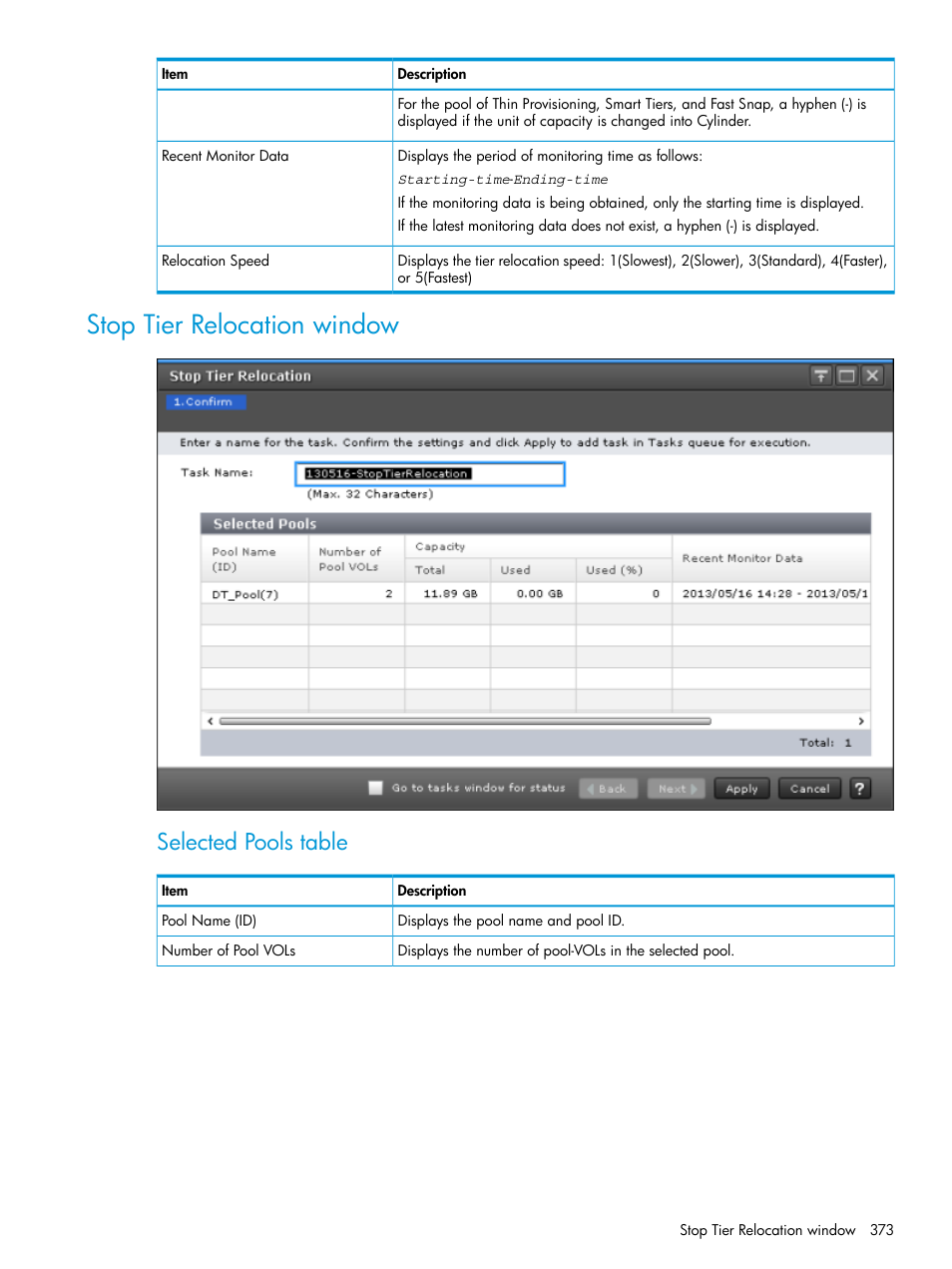 Stop tier relocation window, Selected pools table | HP XP Racks User Manual | Page 373 / 486