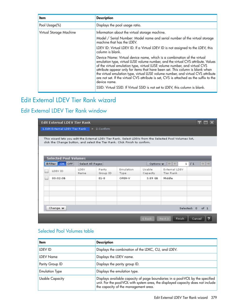 Edit external ldev tier rank wizard, Edit external ldev tier rank window, Selected pool volumes table | HP XP Racks User Manual | Page 379 / 486