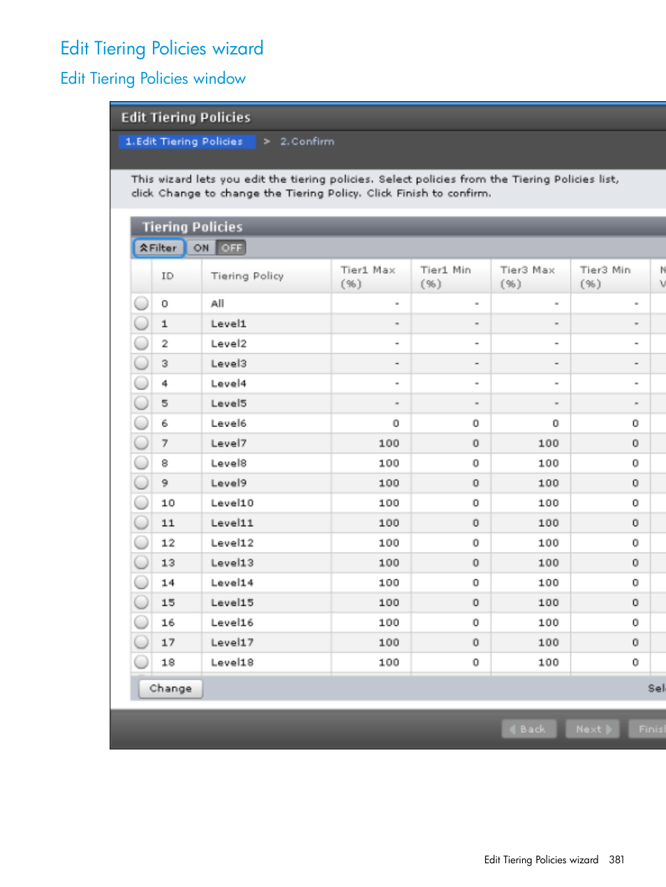 Edit tiering policies wizard, Edit tiering policies window | HP XP Racks User Manual | Page 381 / 486
