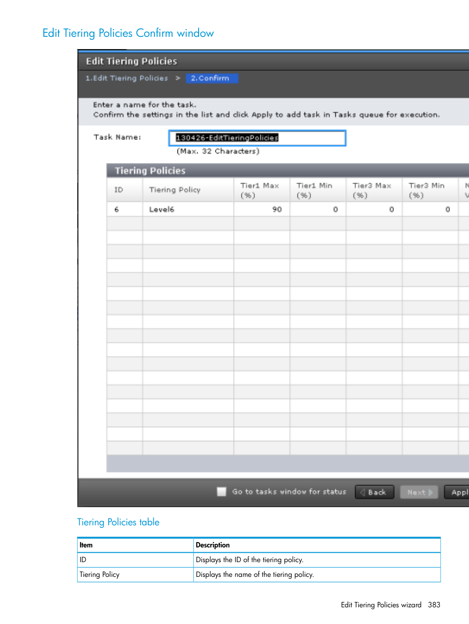 Edit tiering policies confirm window, Tiering policies table | HP XP Racks User Manual | Page 383 / 486