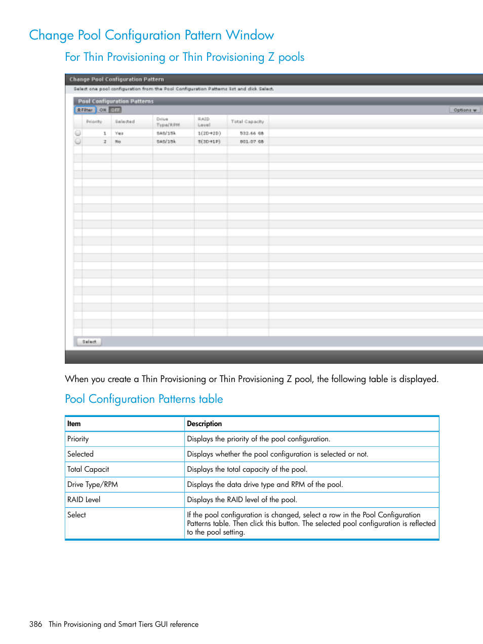 Change pool configuration pattern window, For thin provisioning or thin provisioning z pools, Pool configuration patterns table | HP XP Racks User Manual | Page 386 / 486
