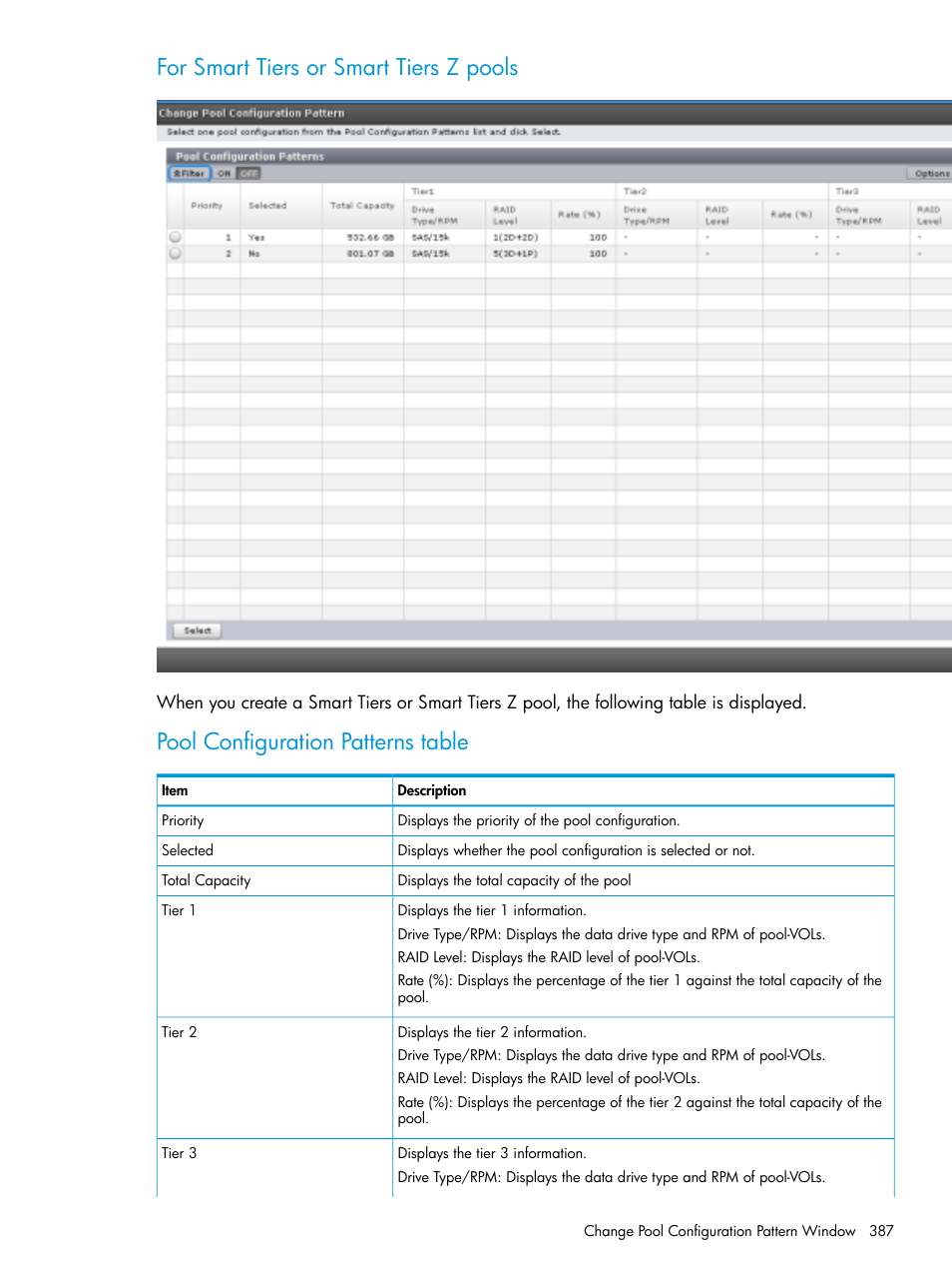 For smart tiers or smart tiers z pools, Pool configuration patterns table | HP XP Racks User Manual | Page 387 / 486