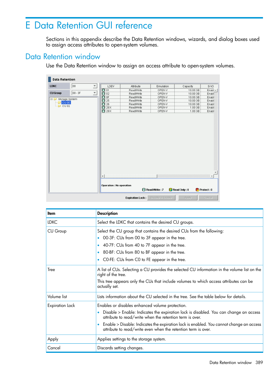 E data retention gui reference, Data retention window | HP XP Racks User Manual | Page 389 / 486