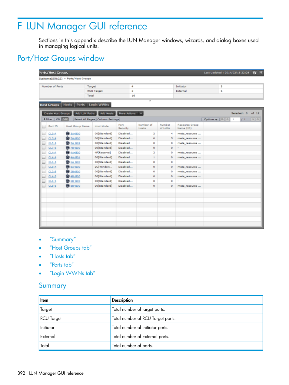 F lun manager gui reference, Port/host groups window, Summary | HP XP Racks User Manual | Page 392 / 486