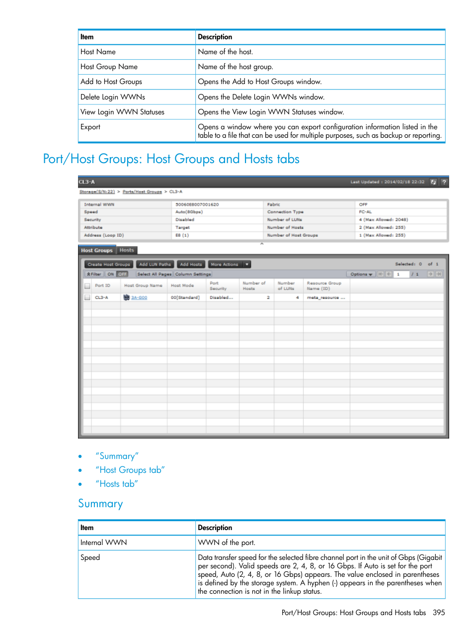 Port/host groups: host groups and hosts tabs, Summary | HP XP Racks User Manual | Page 395 / 486