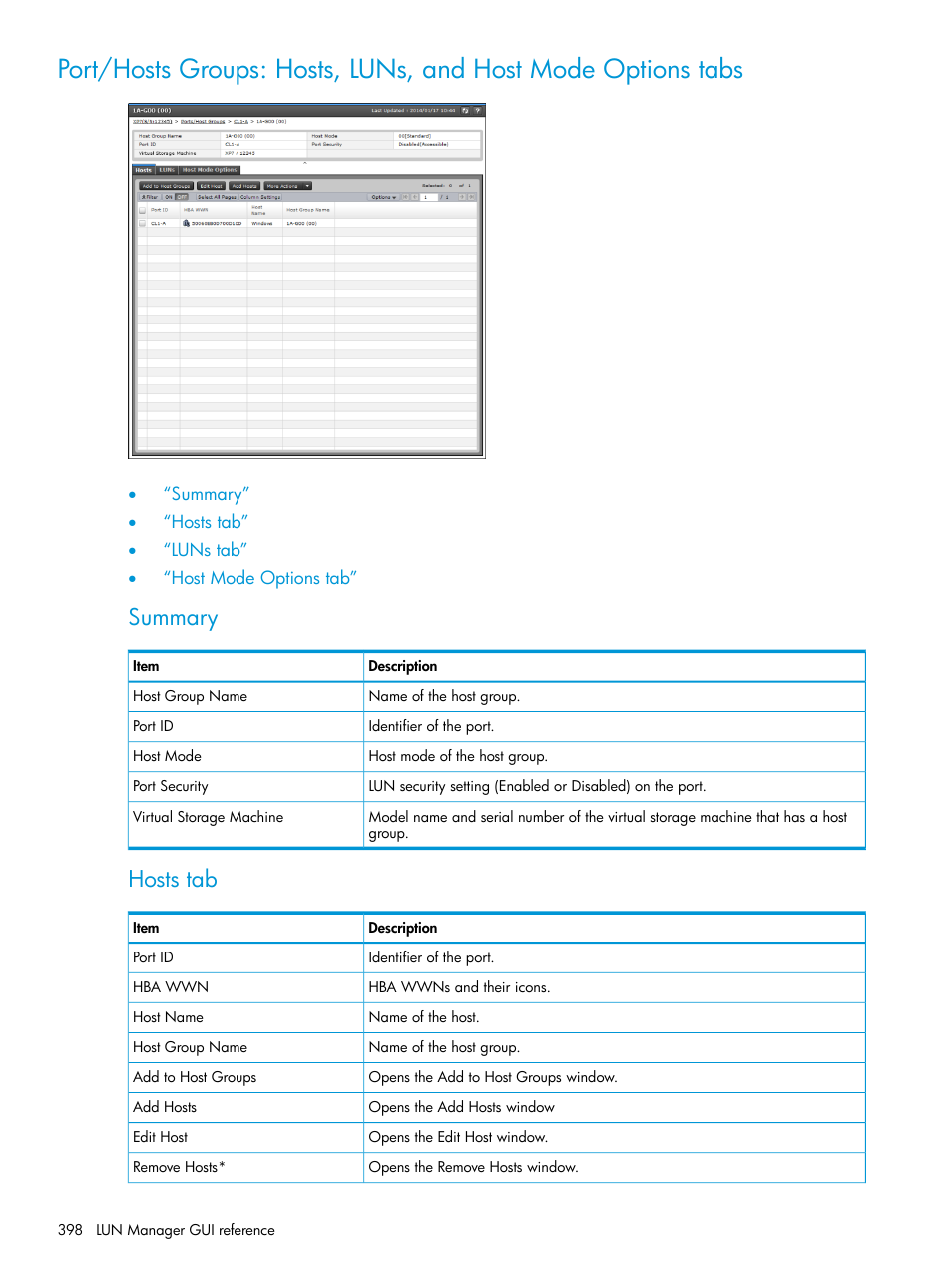 Summary, Hosts tab | HP XP Racks User Manual | Page 398 / 486