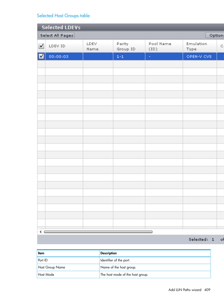 Selected host groups table | HP XP Racks User Manual | Page 409 / 486