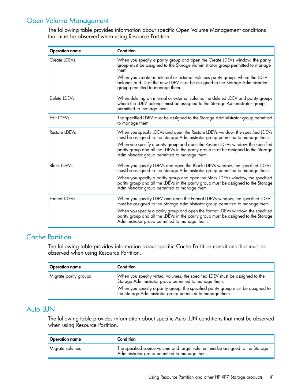 Open volume management, Cache partition, Auto lun | Open volume management cache partition auto lun | HP XP Racks User Manual | Page 41 / 486