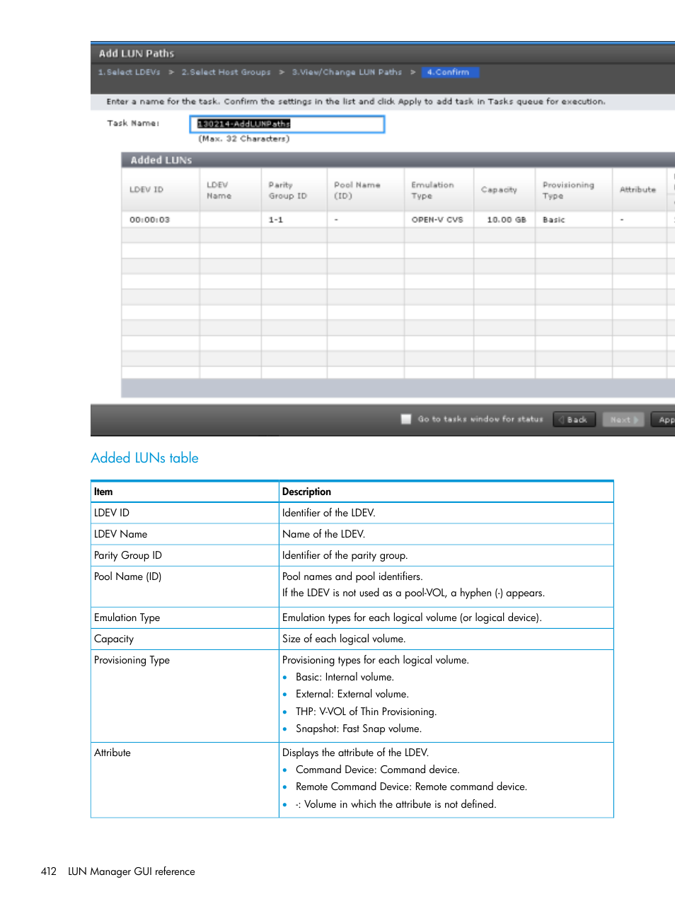 Added luns table | HP XP Racks User Manual | Page 412 / 486