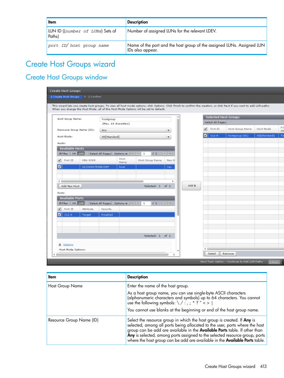 Create host groups wizard, Create host groups window | HP XP Racks User Manual | Page 413 / 486