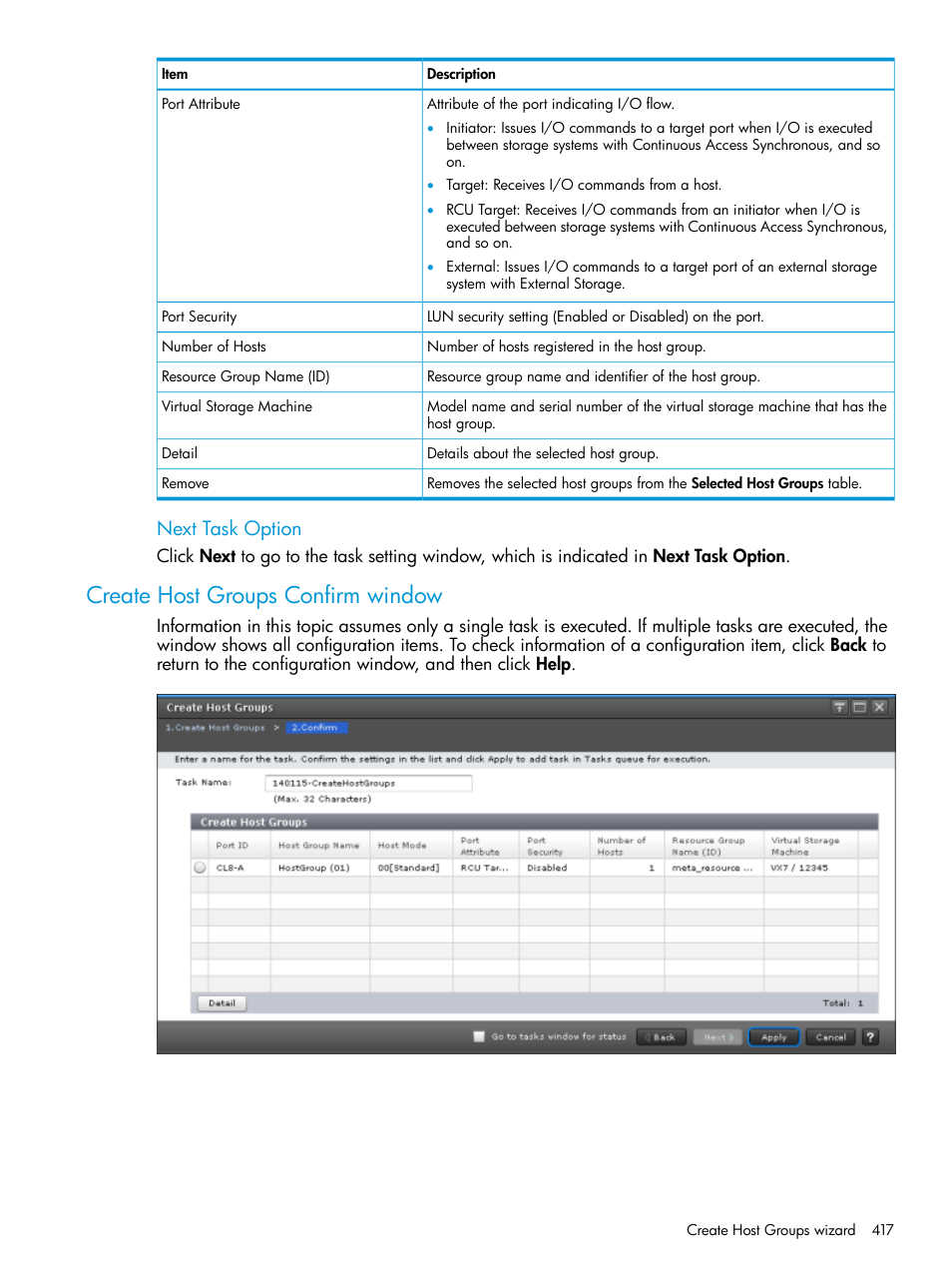 Create host groups confirm window, Next task option | HP XP Racks User Manual | Page 417 / 486
