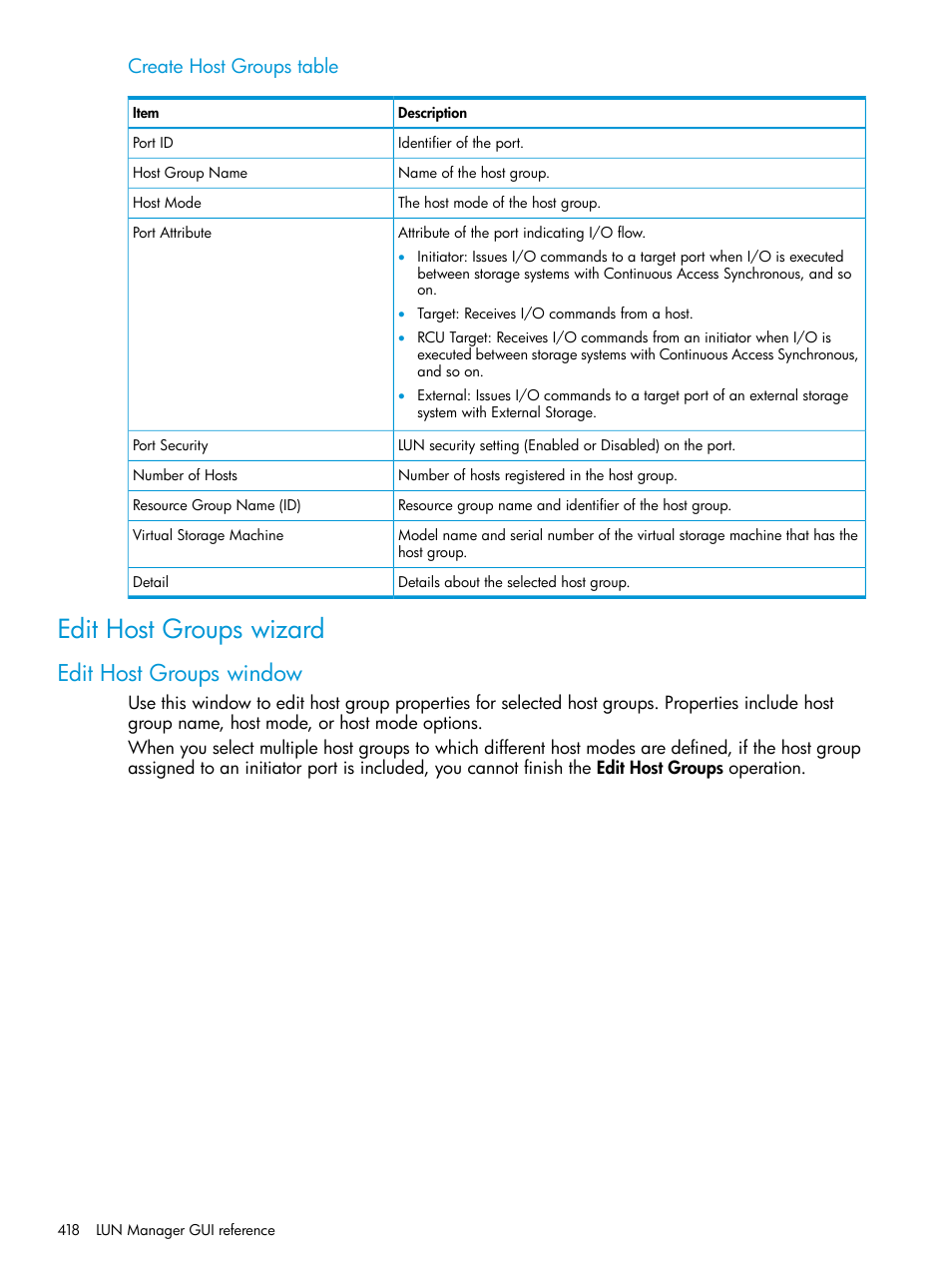 Edit host groups wizard, Edit host groups window, Create host groups table | HP XP Racks User Manual | Page 418 / 486