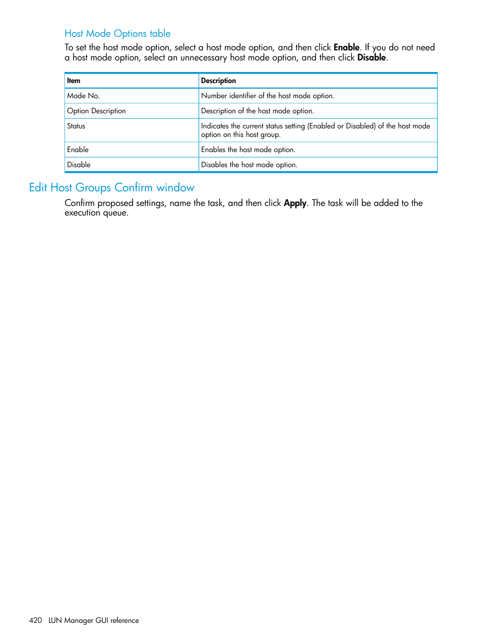 Edit host groups confirm window, Host mode options table | HP XP Racks User Manual | Page 420 / 486