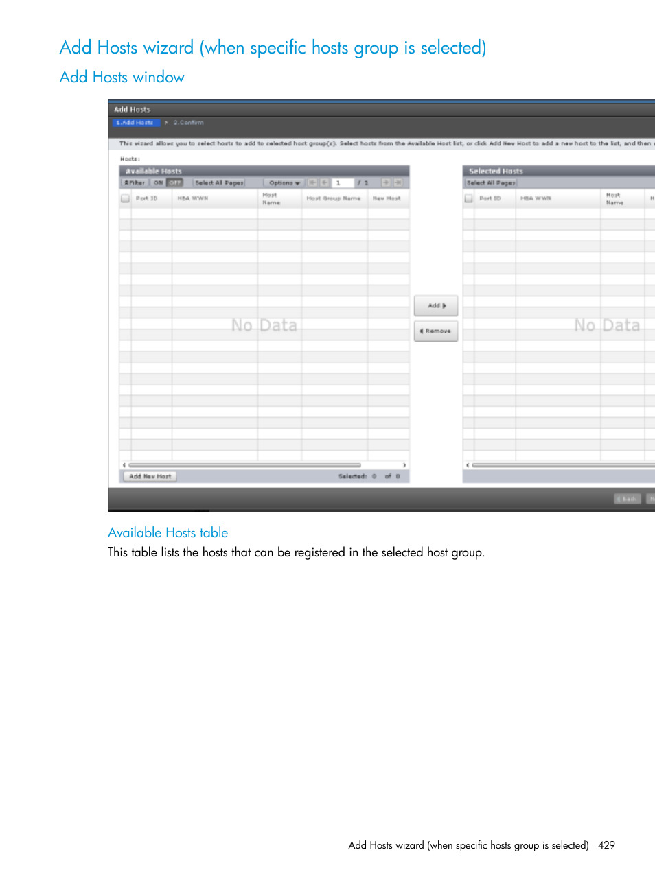 Add hosts window | HP XP Racks User Manual | Page 429 / 486