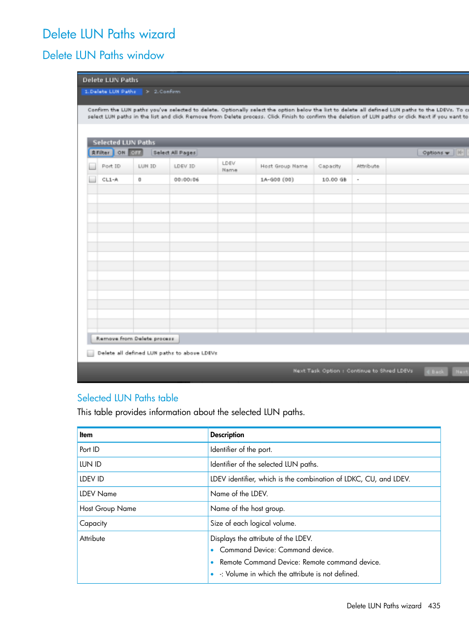 Delete lun paths wizard, Delete lun paths window, Selected lun paths table | HP XP Racks User Manual | Page 435 / 486