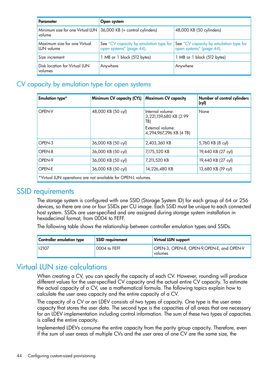 Cv capacity by emulation type for open systems, Ssid requirements, Virtual lun size calculations | Ssid requirements virtual lun size calculations | HP XP Racks User Manual | Page 44 / 486