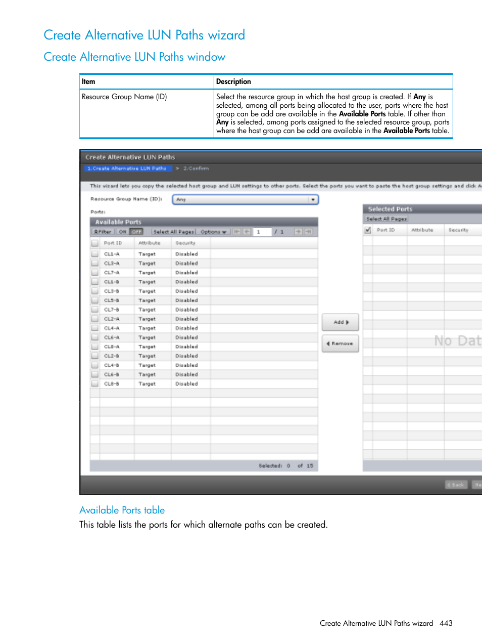 Create alternative lun paths wizard, Create alternative lun paths window | HP XP Racks User Manual | Page 443 / 486