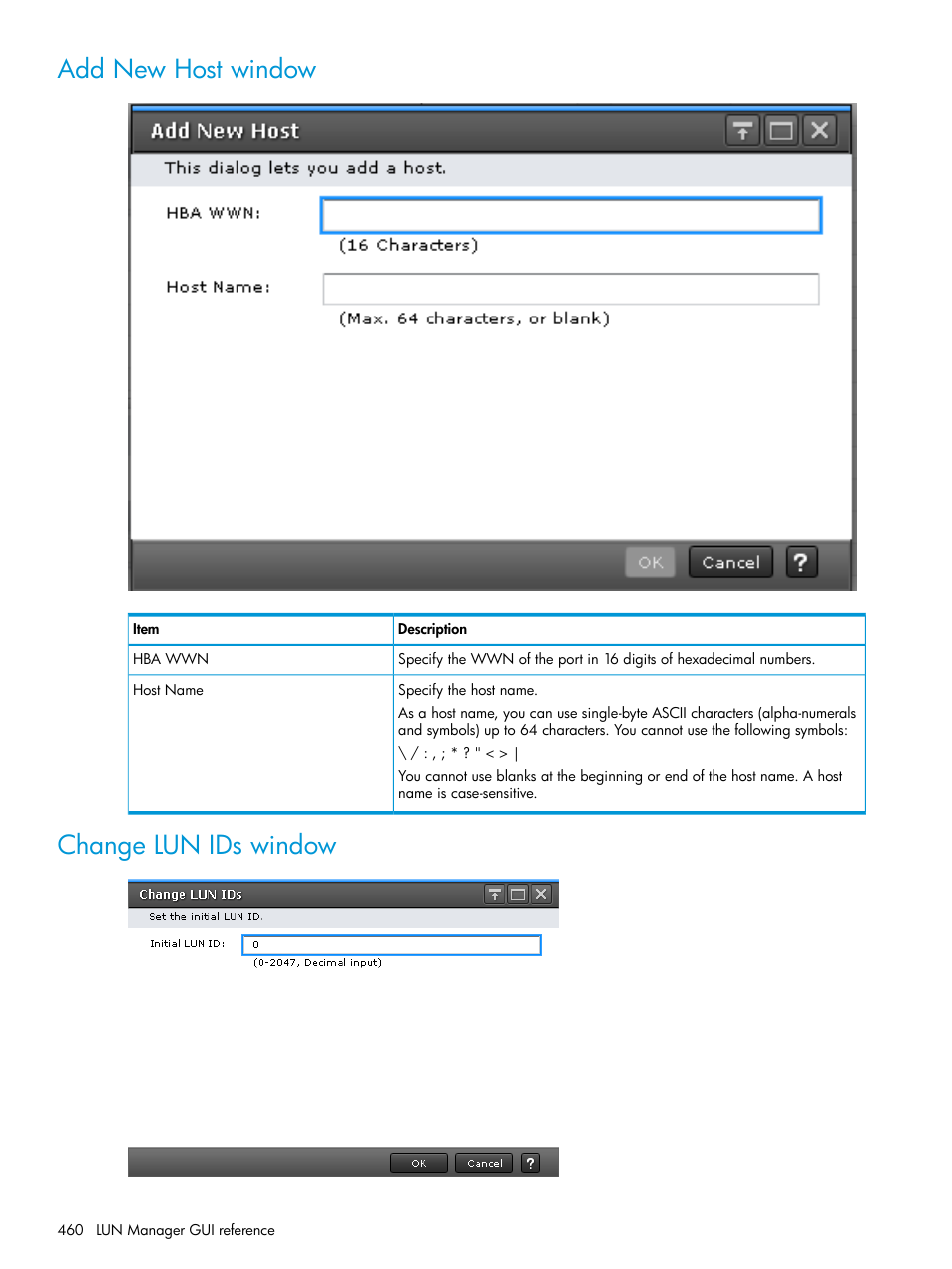 Add new host window, Change lun ids window, Add new host window change lun ids window | HP XP Racks User Manual | Page 460 / 486
