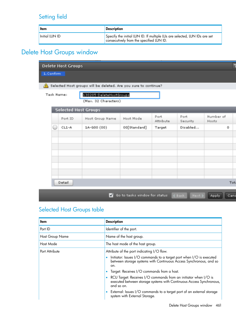 Delete host groups window, Setting field, Selected host groups table | HP XP Racks User Manual | Page 461 / 486