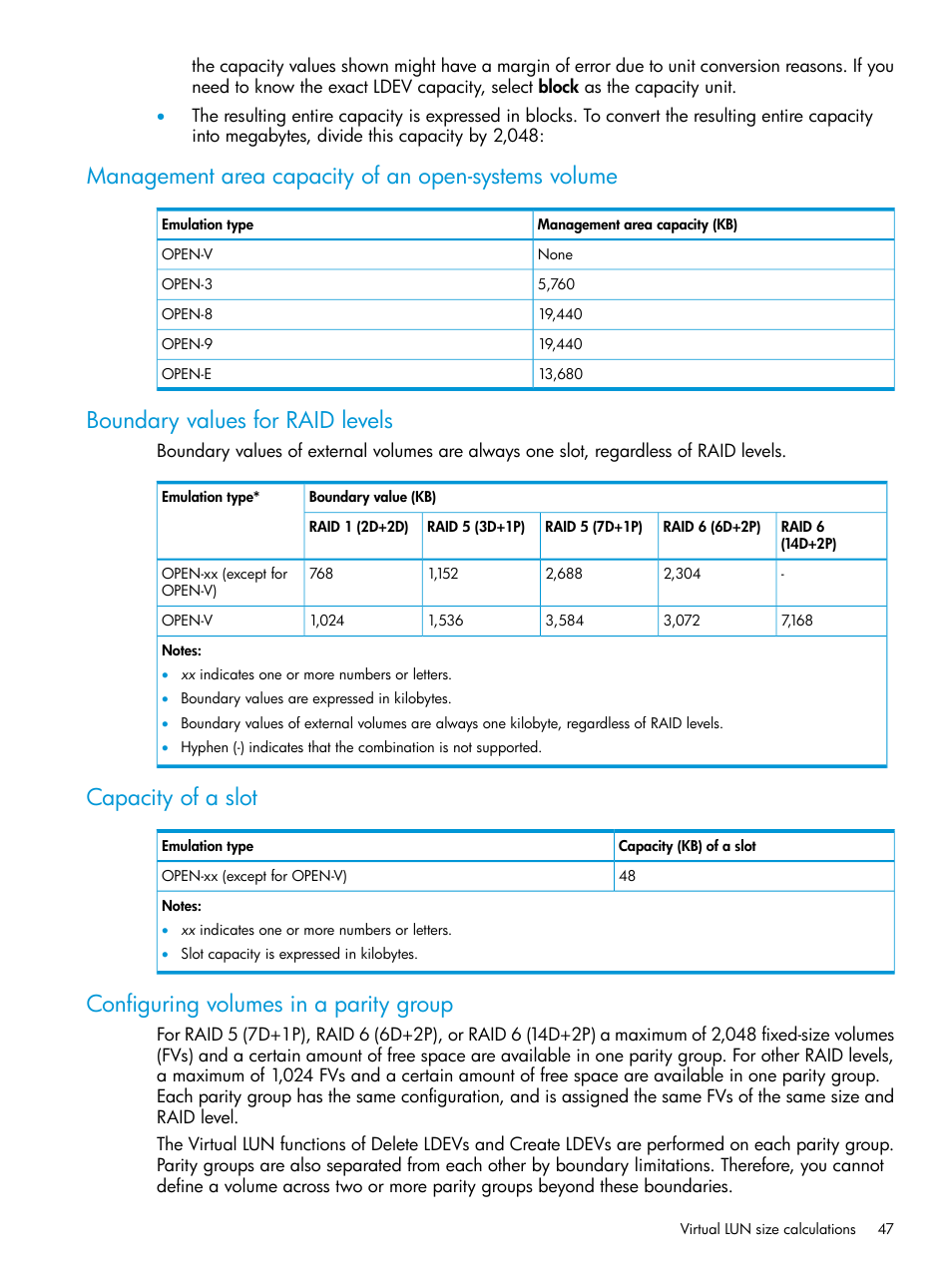 Management area capacity of an open-systems volume, Boundary values for raid levels, Capacity of a slot | Configuring volumes in a parity group, Management area capacity of an open-systems | HP XP Racks User Manual | Page 47 / 486