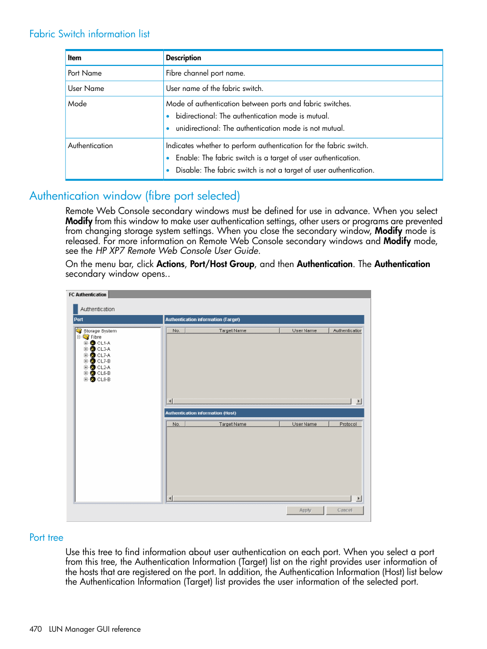 Fabric switch information list, Authentication window (fibre port selected), Port tree | HP XP Racks User Manual | Page 470 / 486