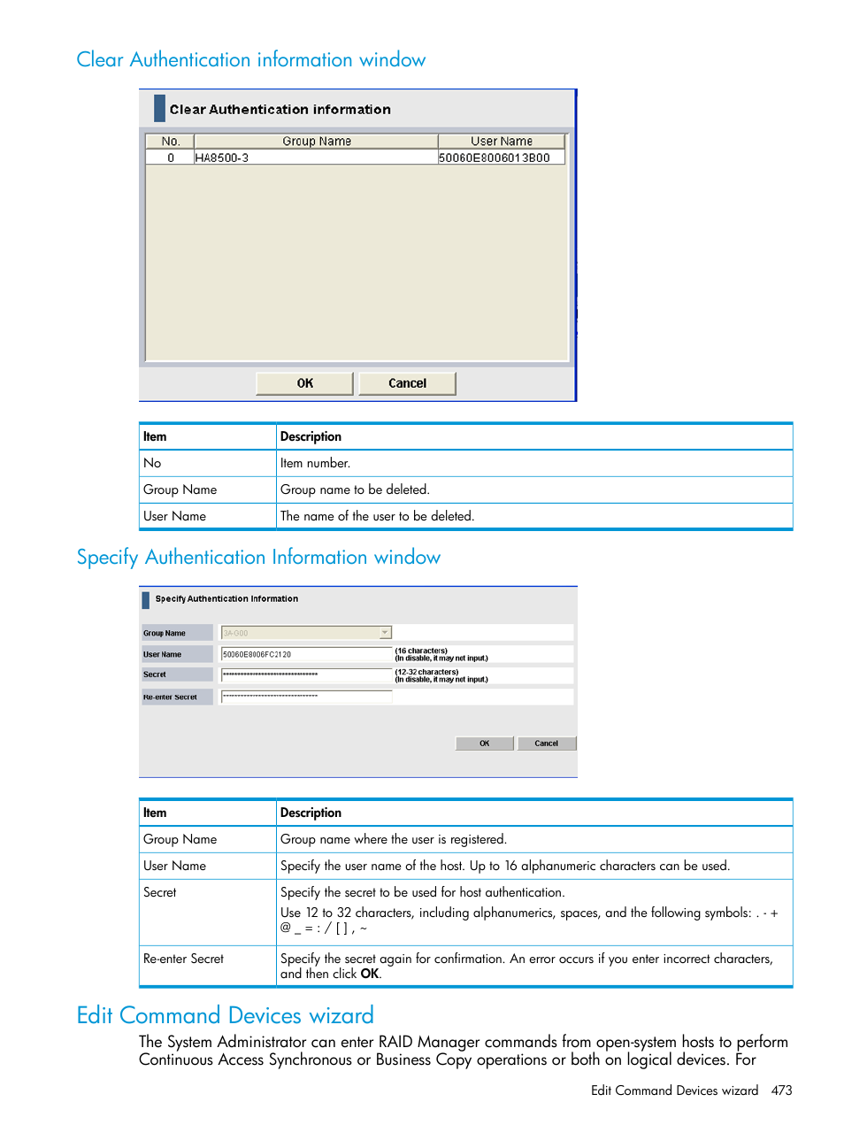 Clear authentication information window, Specify authentication information window, Edit command devices wizard | HP XP Racks User Manual | Page 473 / 486
