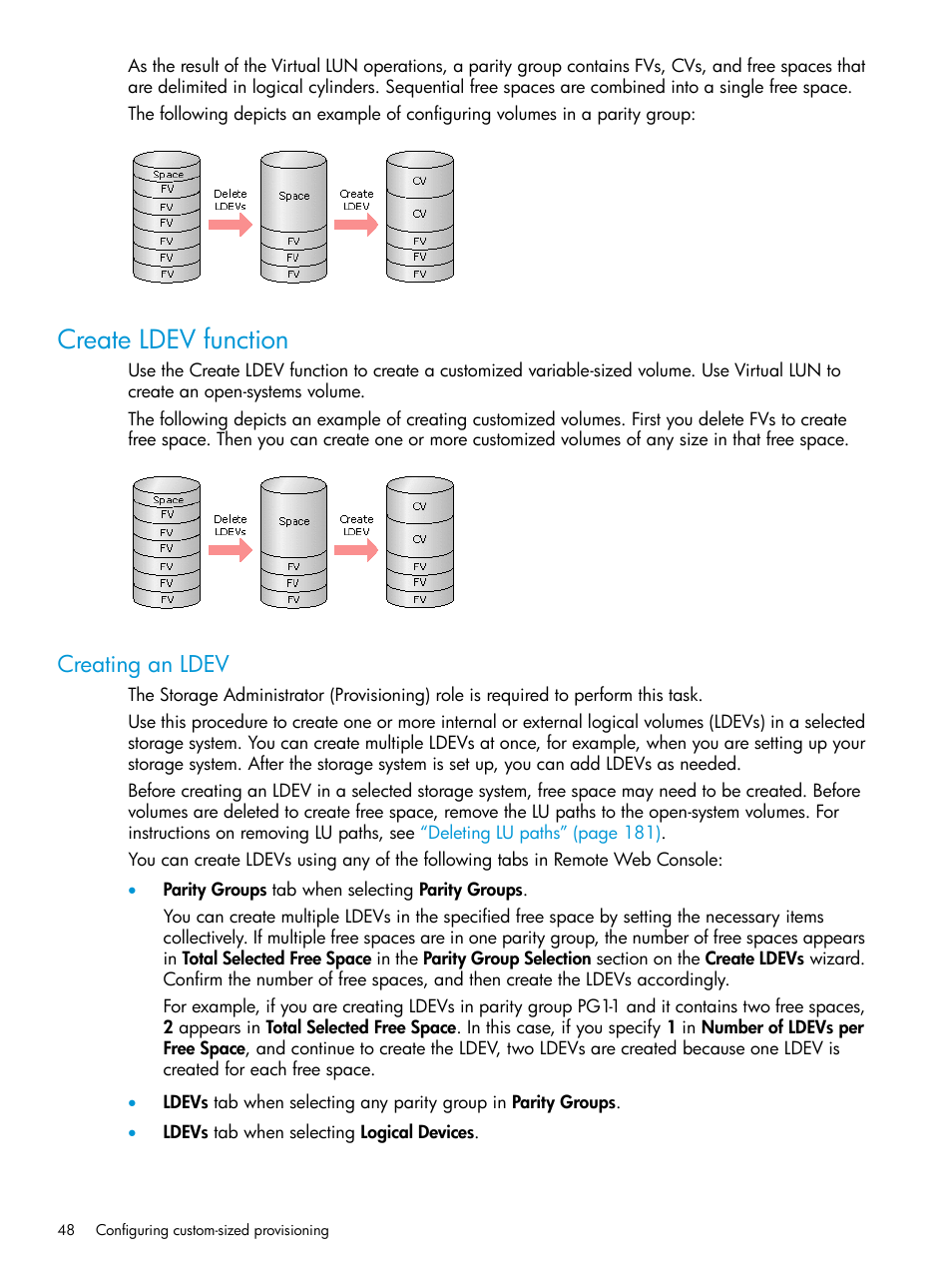 Create ldev function, Creating an ldev | HP XP Racks User Manual | Page 48 / 486