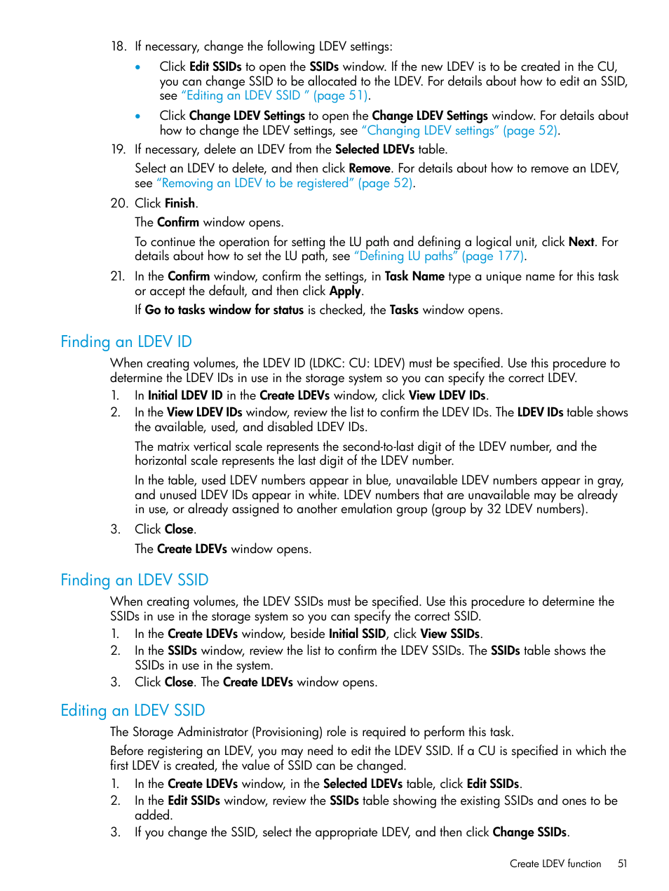 Finding an ldev id, Finding an ldev ssid, Editing an ldev ssid | HP XP Racks User Manual | Page 51 / 486