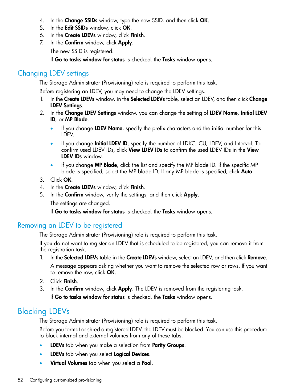 Changing ldev settings, Removing an ldev to be registered, Blocking ldevs | HP XP Racks User Manual | Page 52 / 486