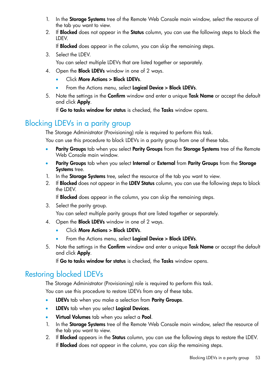 Blocking ldevs in a parity group, Restoring blocked ldevs | HP XP Racks User Manual | Page 53 / 486