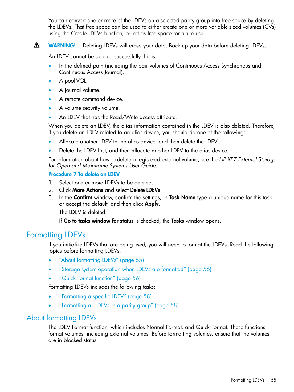 Formatting ldevs, About formatting ldevs | HP XP Racks User Manual | Page 55 / 486