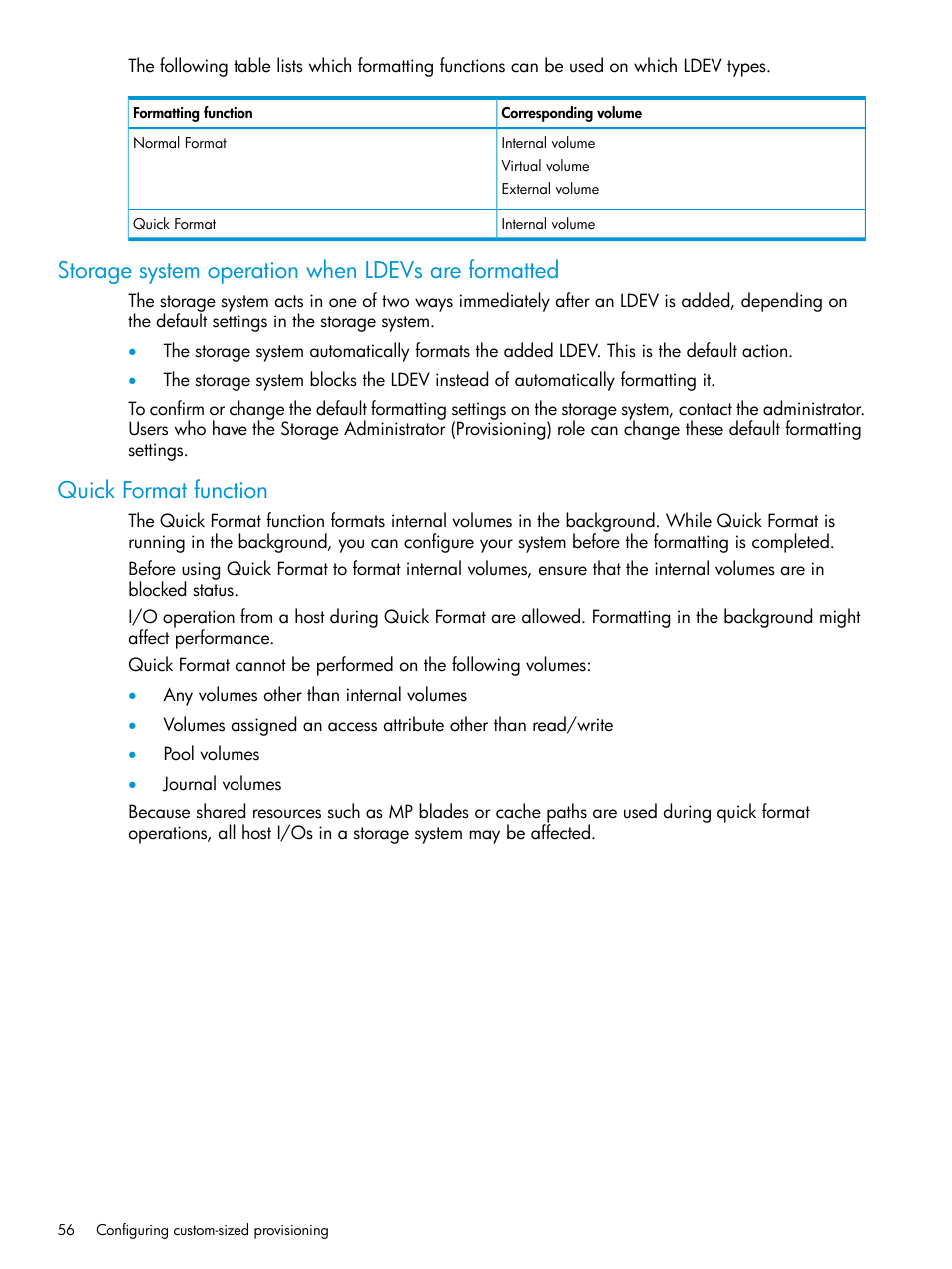 Storage system operation when ldevs are formatted, Quick format function | HP XP Racks User Manual | Page 56 / 486