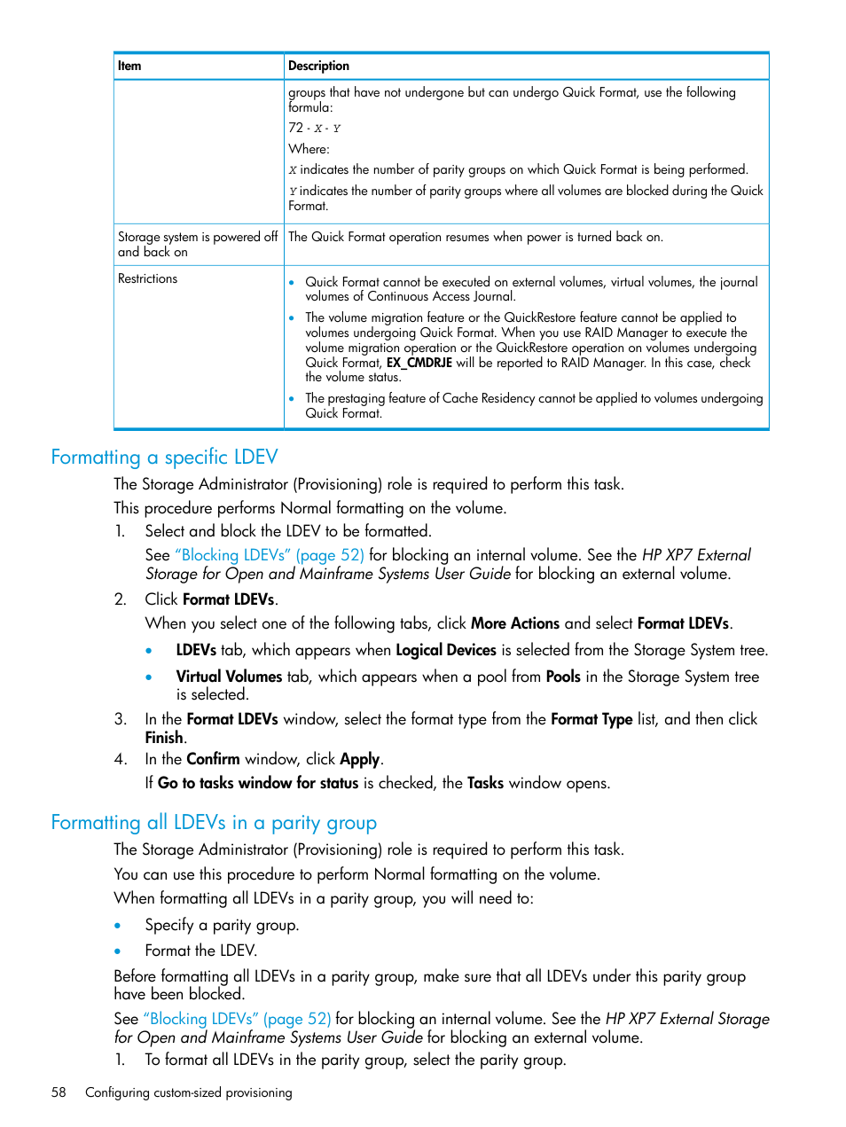 Formatting a specific ldev, Formatting all ldevs in a parity group | HP XP Racks User Manual | Page 58 / 486